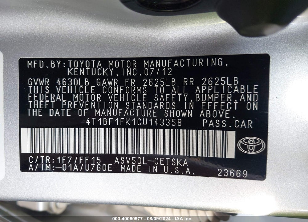 2012 TOYOTA CAMRY SE VIN: 4T1BF1FK1CU143358
