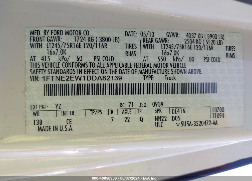 2013 FORD E-250 COMMERCIAL VIN: 1FTNE2EW1DDA82139