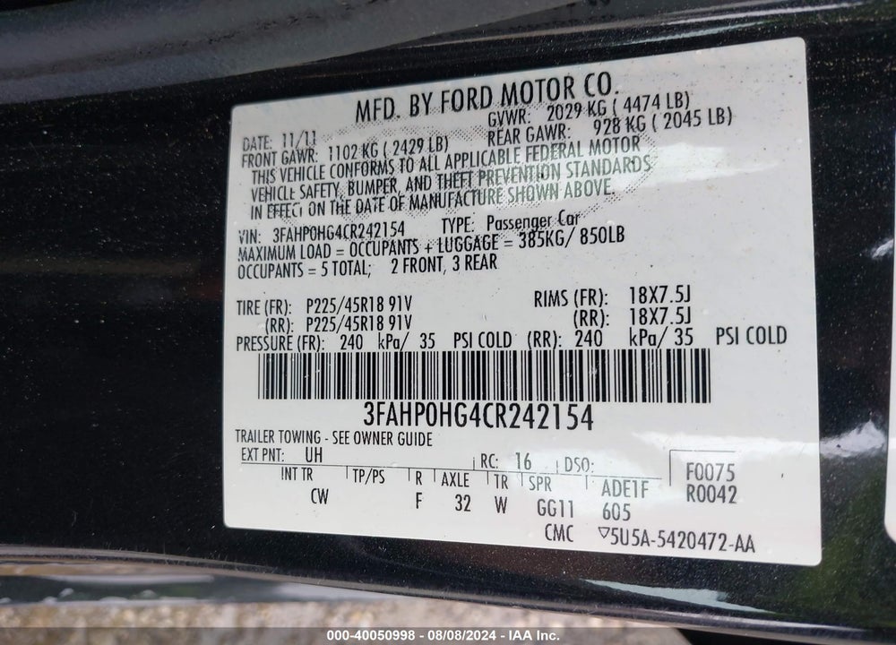 2012 FORD FUSION SE VIN: 3FAHP0HG4CR242154
