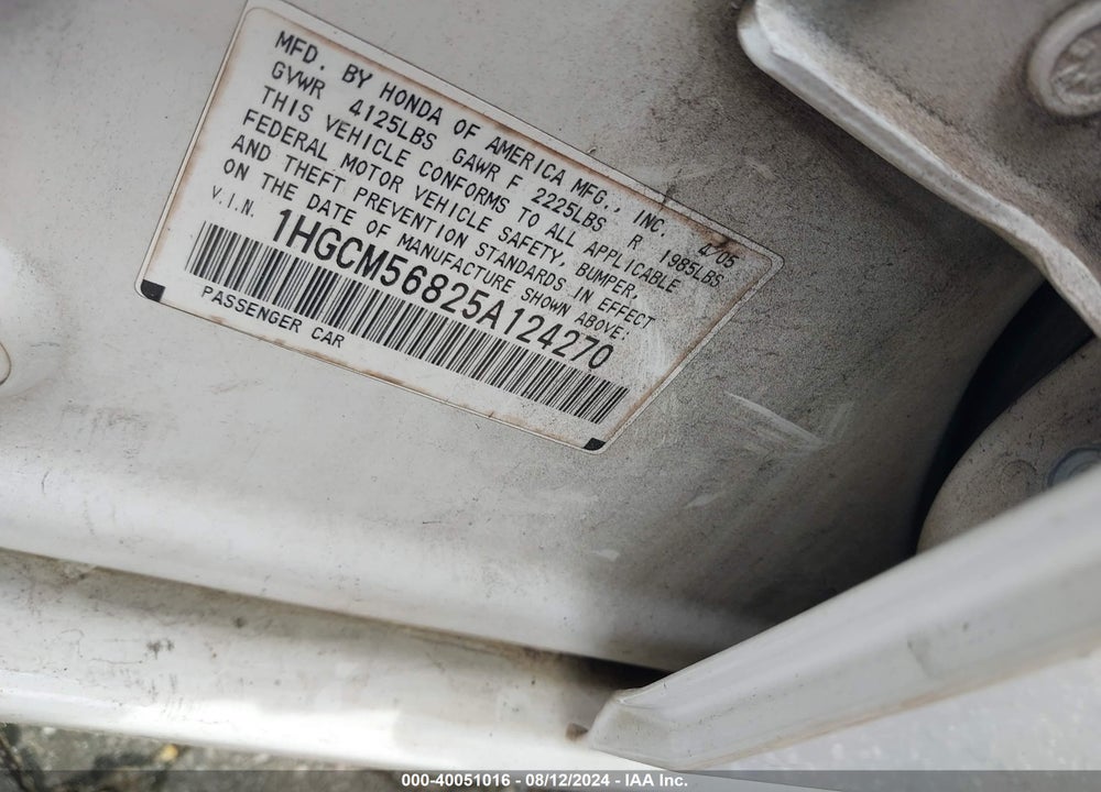 2005 HONDA ACCORD 2.4 EX VIN: 1HGCM56825A124270