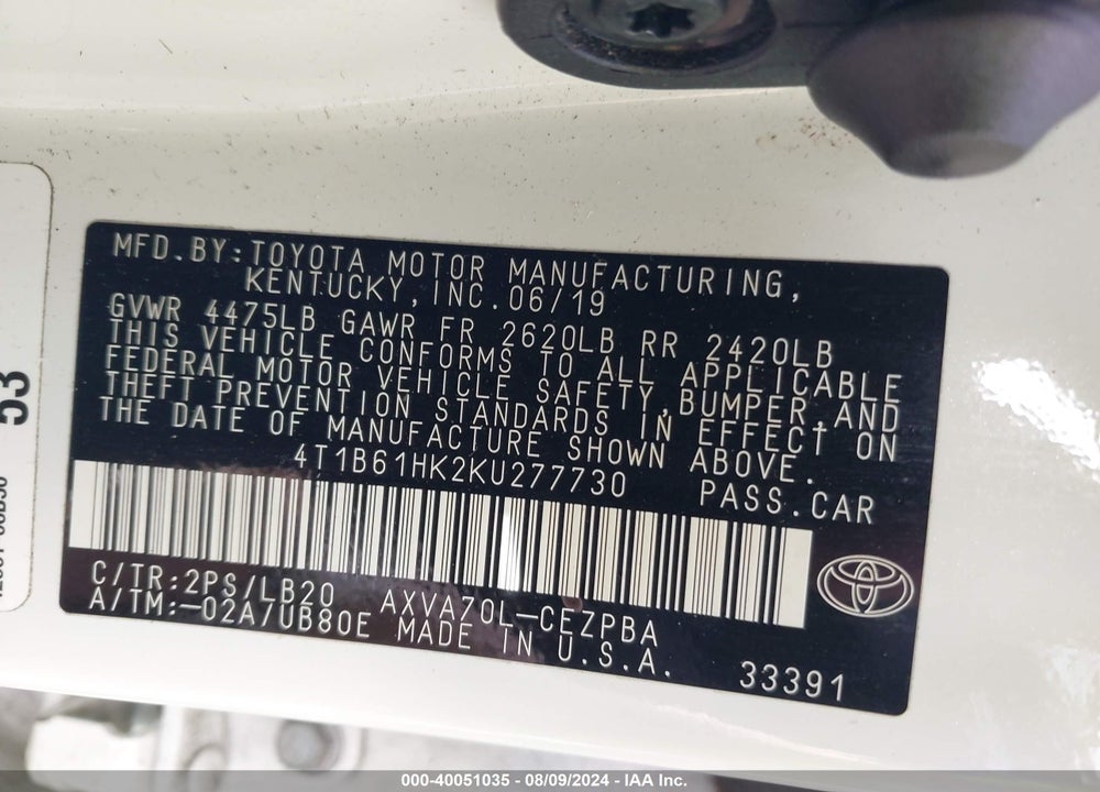 2019 TOYOTA CAMRY XSE VIN: 4T1B61HK2KU277730