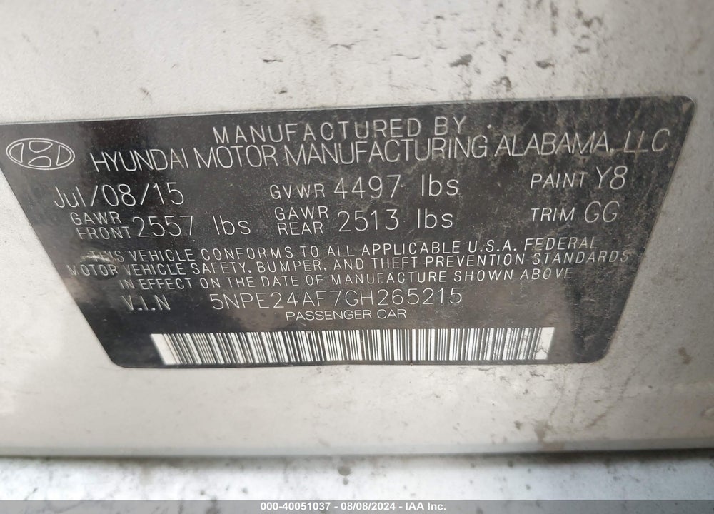 2016 HYUNDAI SONATA SE VIN: 5NPE24AF7GH265215