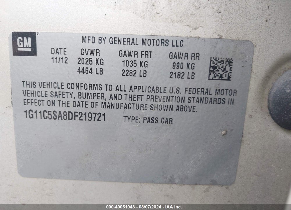 2013 CHEVROLET MALIBU 1LT VIN: 1G11C5SA8DF219721