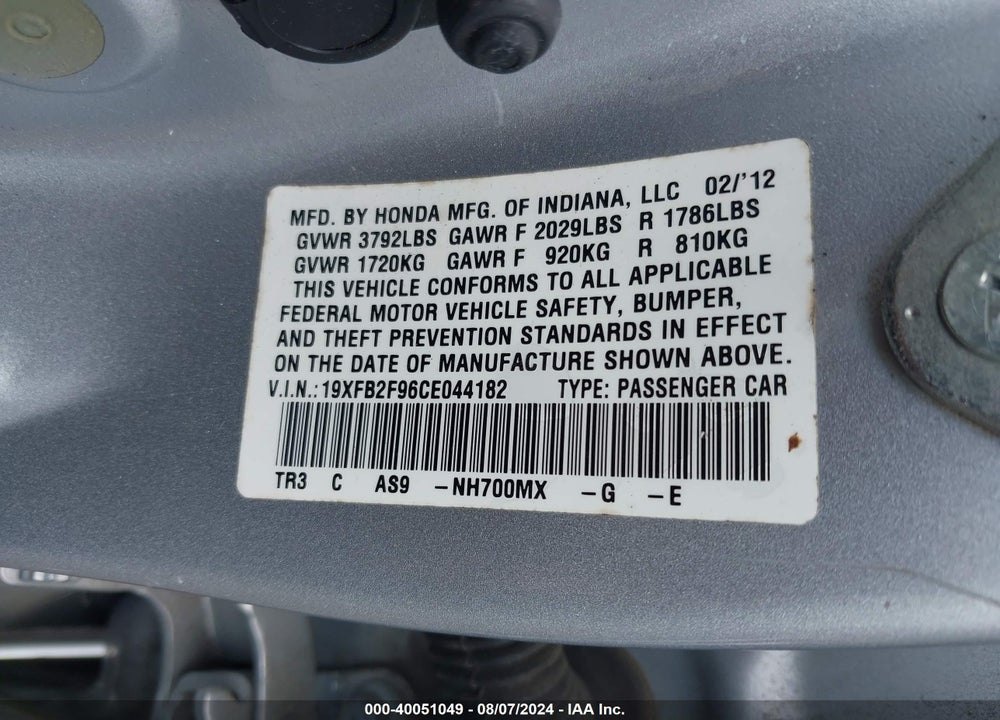 2012 HONDA CIVIC VIN: 19XFB2F96CE044182