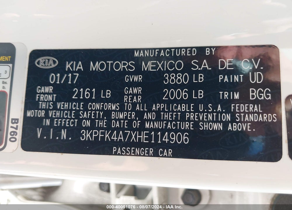 2017 KIA FORTE LX VIN: 3KPFK4A7XHE114906