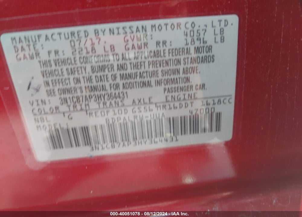 2017 NISSAN SENTRA SR TURBO VIN: 3N1CB7AP3HY364431