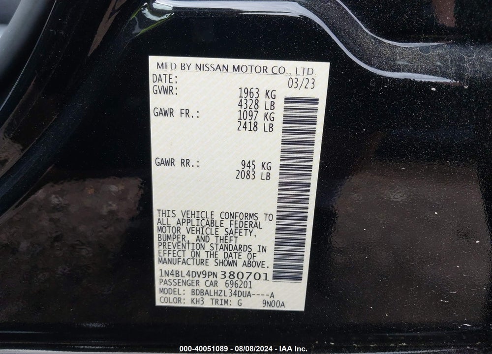 2023 NISSAN ALTIMA SV FWD VIN: 1N4BL4DV9PN380701