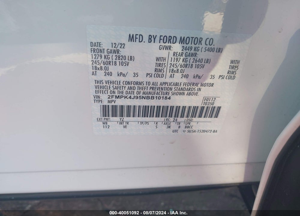2022 FORD EDGE SEL VIN: 2FMPK4J95NBB10184