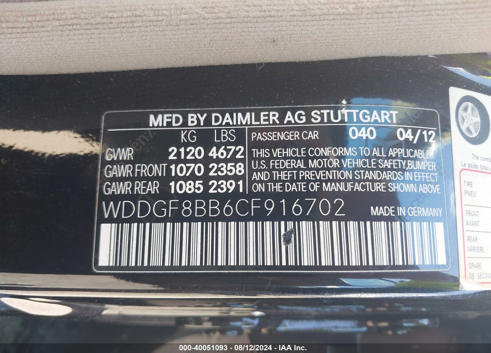 2012 MERCEDES-BENZ C 300 LUXURY 4MATIC/SPORT 4MATIC VIN: WDDGF8BB6CF916702