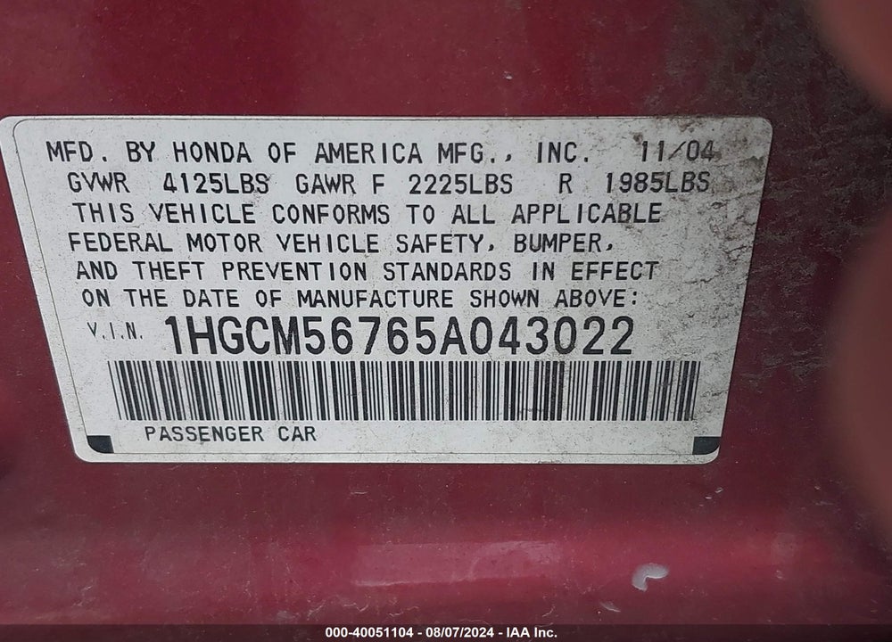 2005 HONDA ACCORD 2.4 EX VIN: 1HGCM56765A043022
