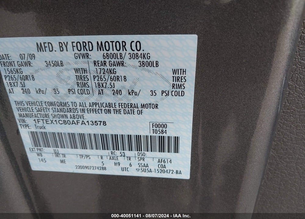2010 FORD F-150 FX2 SPORT/STX/XL/XLT VIN: 1FTEX1C80AFA13578