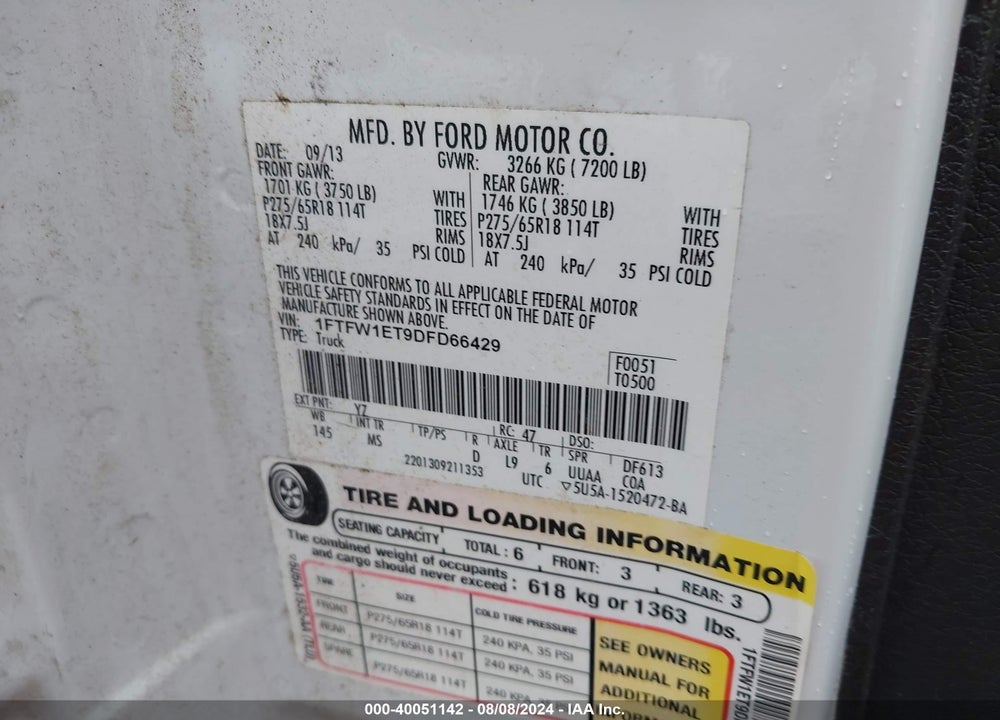 2013 FORD F-150 XLT VIN: 1FTFW1ET9DFD66429