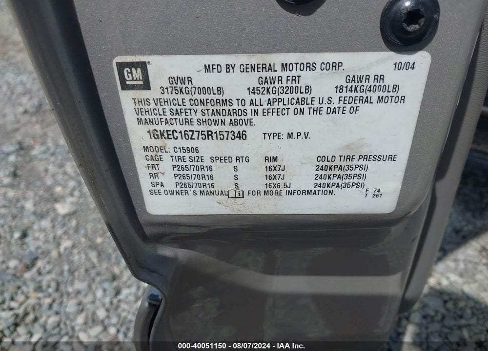 2005 GMC YUKON XL 1500 SLT VIN: 1GKEC16Z75R157346