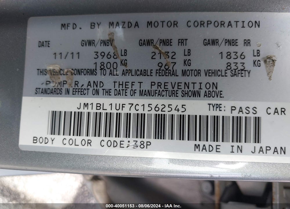 2012 MAZDA 3 I SPORT VIN: JM1BL1UF7C1562545