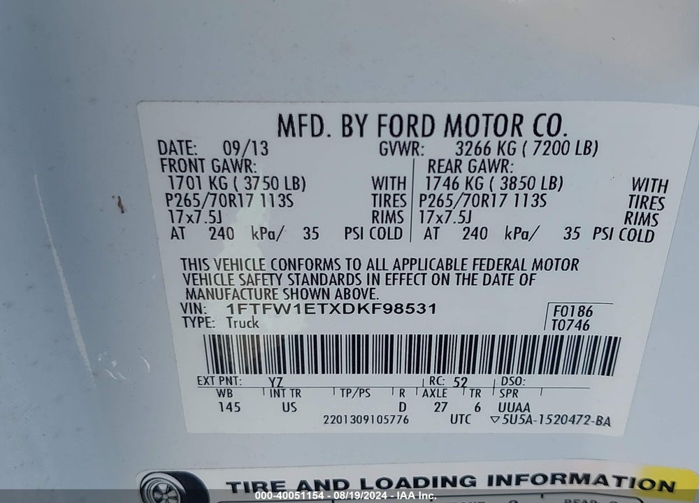 2013 FORD F-150 XLT VIN: 1FTFW1ETXDKF98531