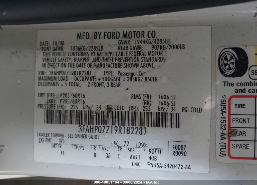 2009 FORD FUSION SE VIN: 3FAHP07Z19R182281
