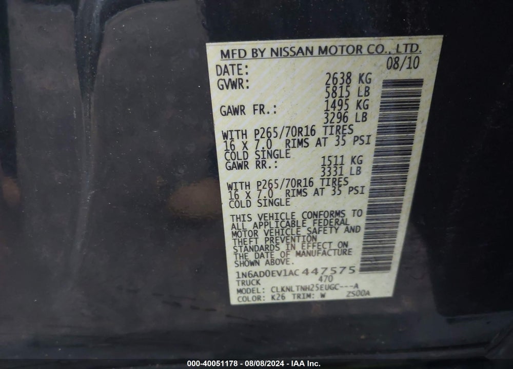 2010 NISSAN FRONTIER SE VIN: 1N6AD0EV1AC447575