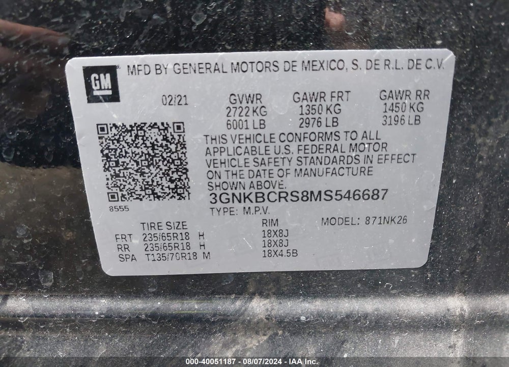 2021 CHEVROLET BLAZER FWD 2LT VIN: 3GNKBCRS8MS546687