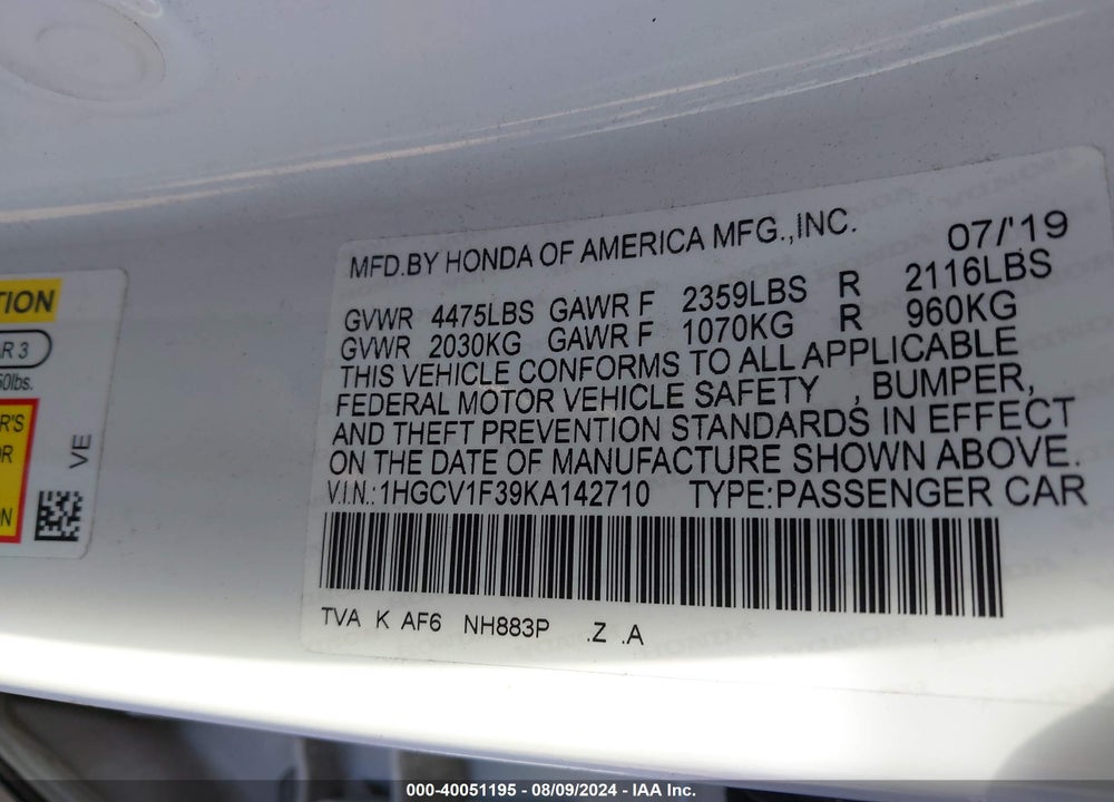 2019 HONDA ACCORD SPORT VIN: 1HGCV1F39KA142710