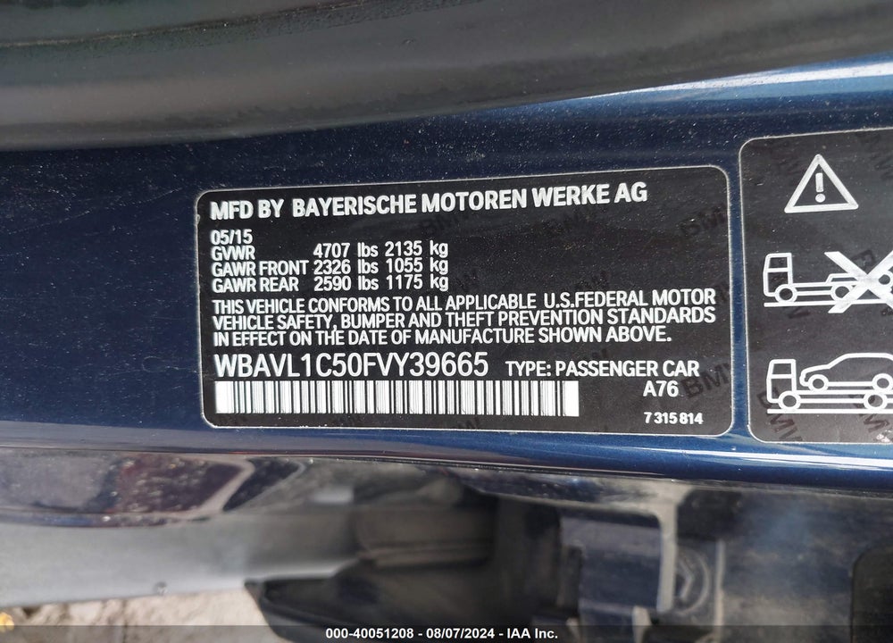 2015 BMW X1 XDRIVE28I VIN: WBAVL1C50FVY39665