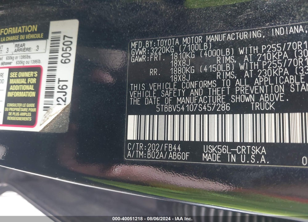 2007 TOYOTA TUNDRA SR5 5.7L V8 VIN: 5TBBV54107S457286