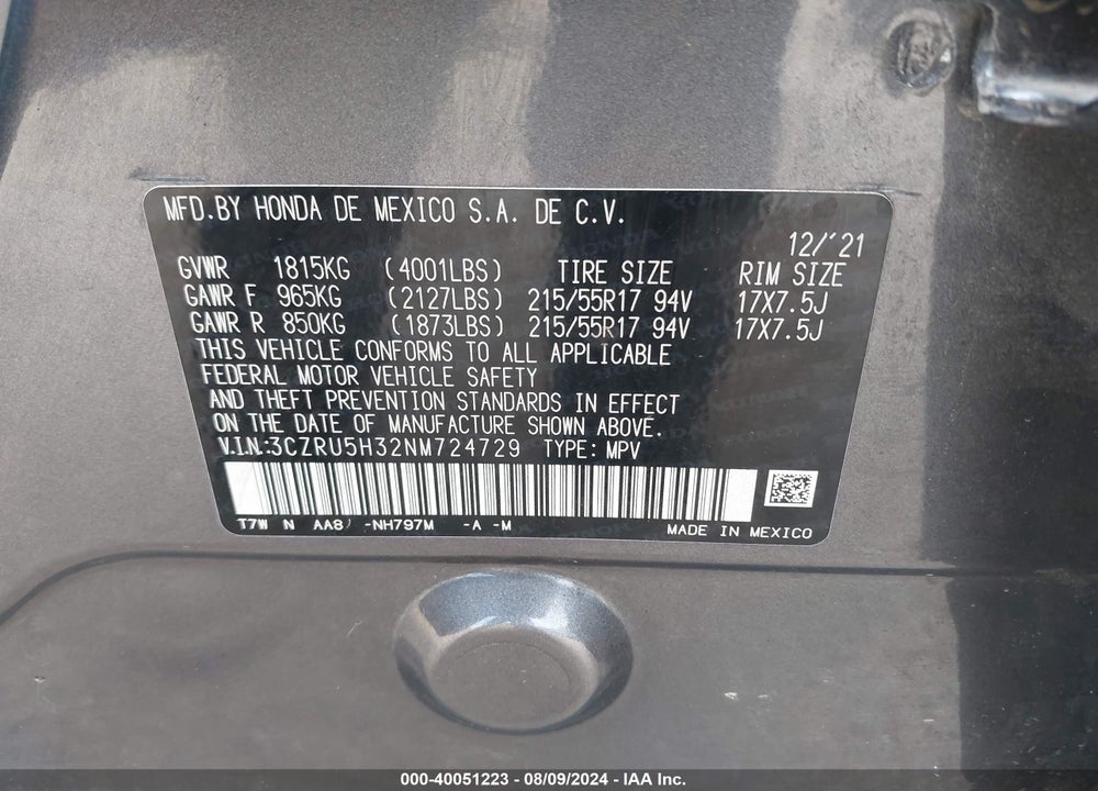 2022 HONDA HR-V 2WD LX VIN: 3CZRU5H32NM724729