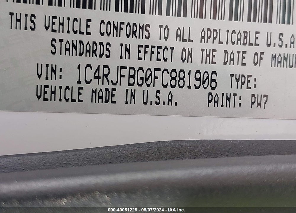 2015 JEEP GRAND CHEROKEE LIMITED VIN: 1C4RJFBG0FC881906