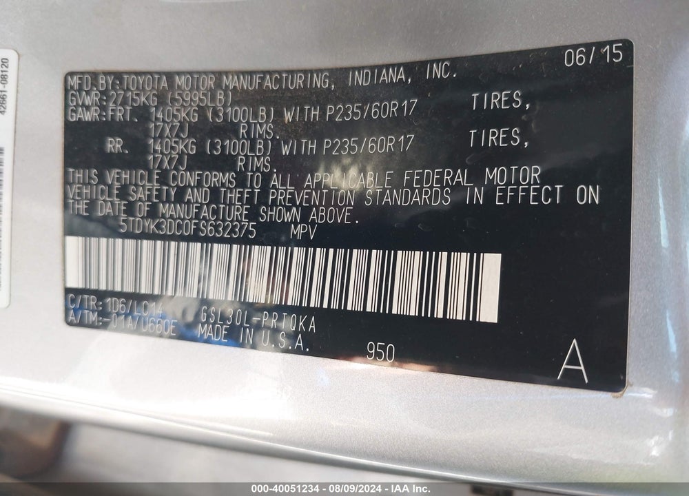 2015 TOYOTA SIENNA XLE 8 PASSENGER VIN: 5TDYK3DC0FS632375