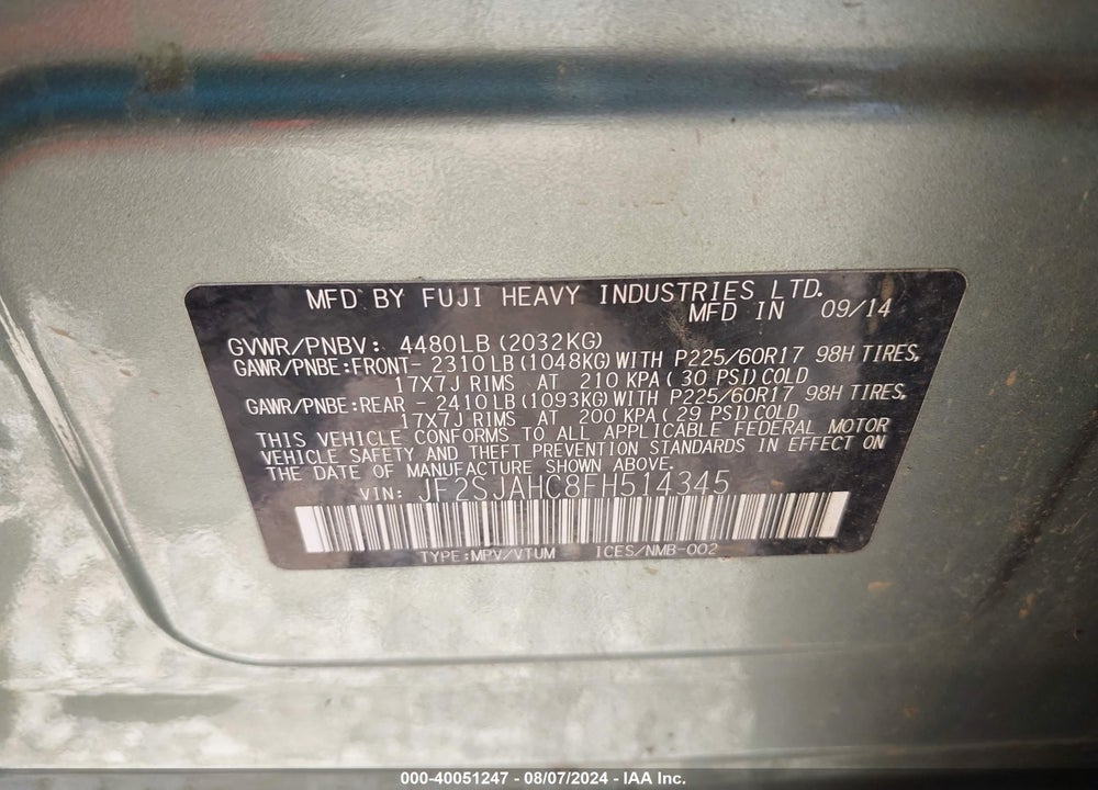 2015 SUBARU FORESTER VIN: JF2SJAHC8FH514345