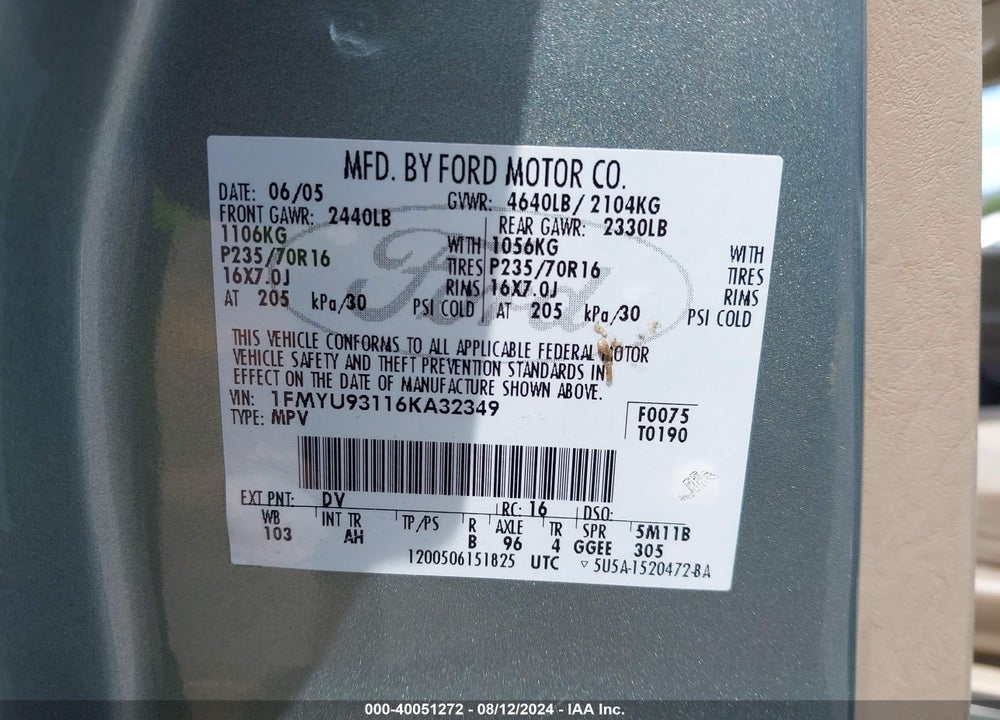 2006 FORD ESCAPE XLT/XLT SPORT VIN: 1FMYU93116KA32349