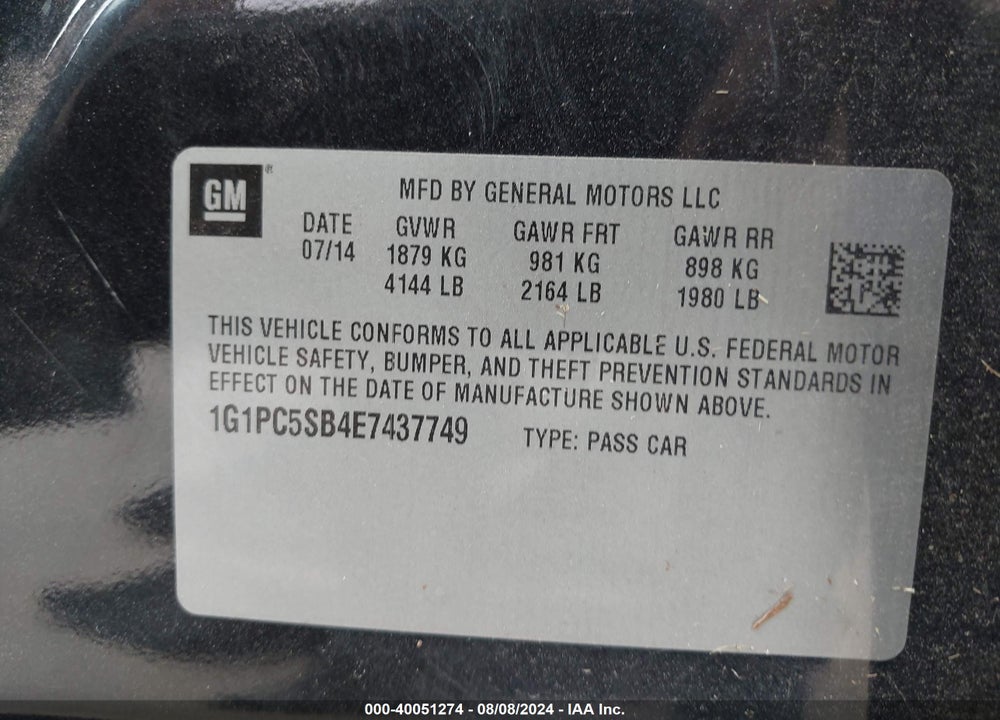 2014 CHEVROLET CRUZE 1LT AUTO VIN: 1G1PC5SB4E7437749