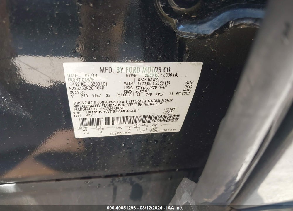 2015 FORD EXPLORER SPORT VIN: 1FM5K8GT9FGA33251
