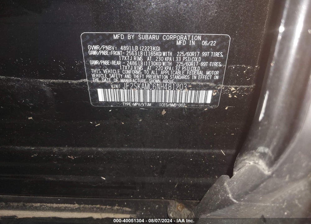2022 SUBARU FORESTER WILDERNESS VIN: JF2SKAMC6NH481203