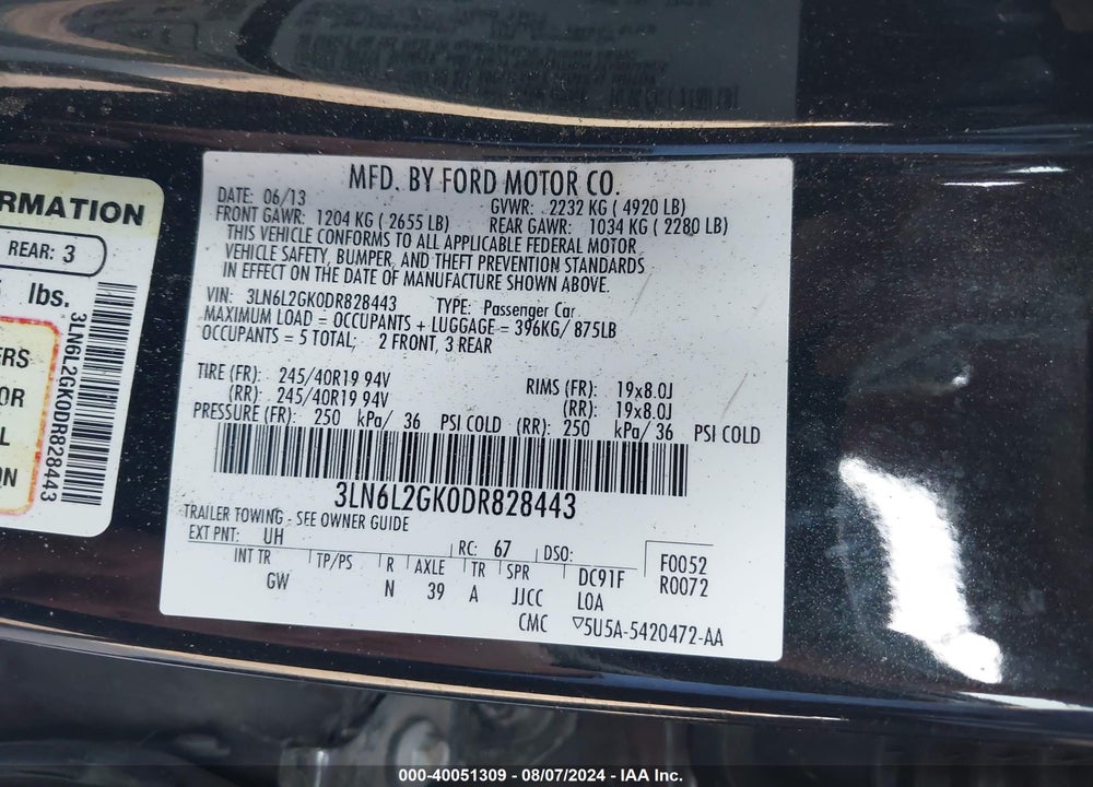 2013 LINCOLN MKZ VIN: 3LN6L2GK0DR828443