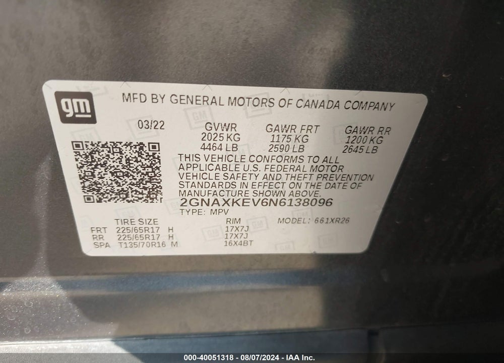 2022 CHEVROLET EQUINOX FWD LT VIN: 2GNAXKEV6N6138096