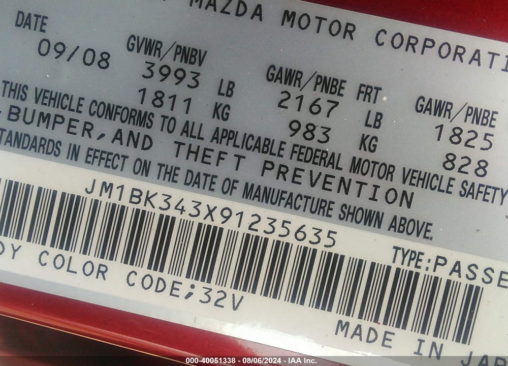 2009 MAZDA 3 S SPORT VIN: JM1BK343X91235635