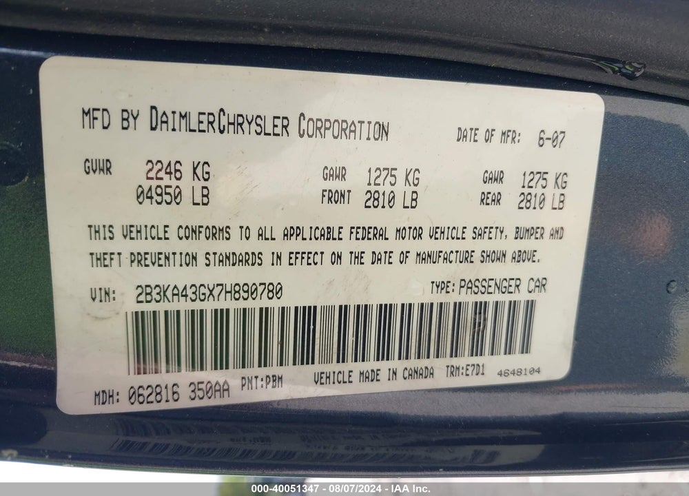 2007 DODGE CHARGER VIN: 2B3KA43GX7H890780