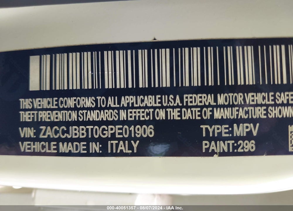 2016 JEEP RENEGADE LATITUDE VIN: ZACCJBBT0GPE01906