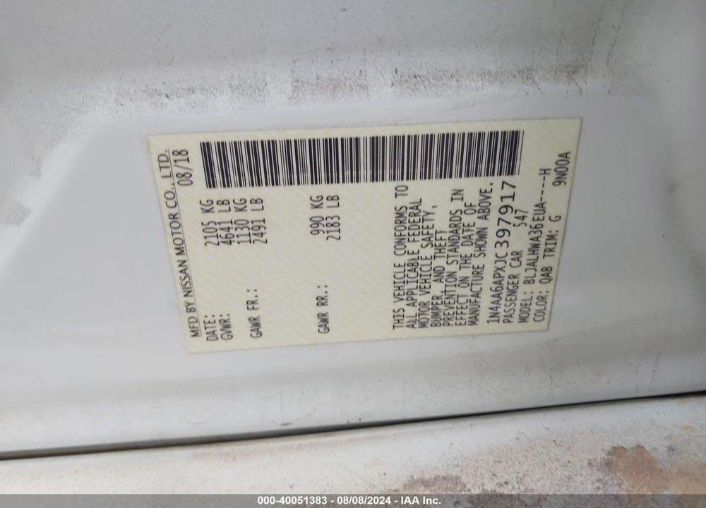 2018 NISSAN MAXIMA 3.5 PLATINUM VIN: 1N4AA6APXJC397917