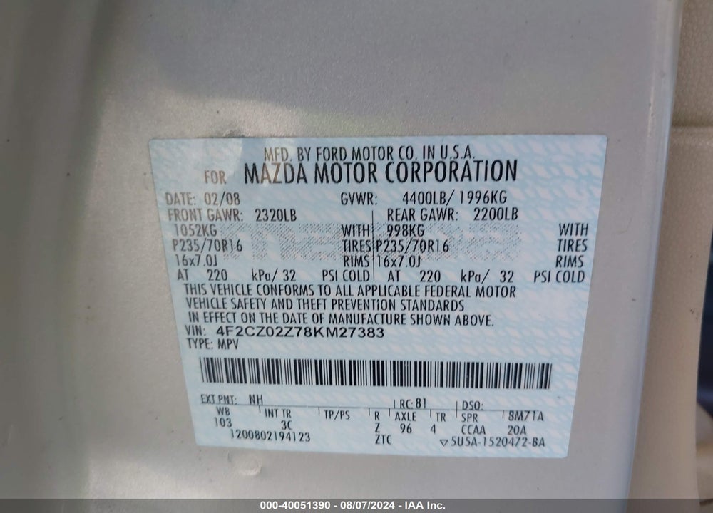 2008 MAZDA TRIBUTE I TOURING VIN: 4F2CZ02Z78KM27383