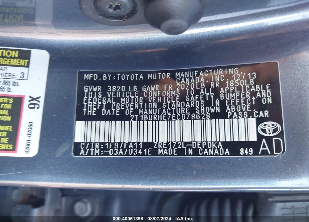 2014 TOYOTA COROLLA L VIN: 2T1BURHE7EC078628