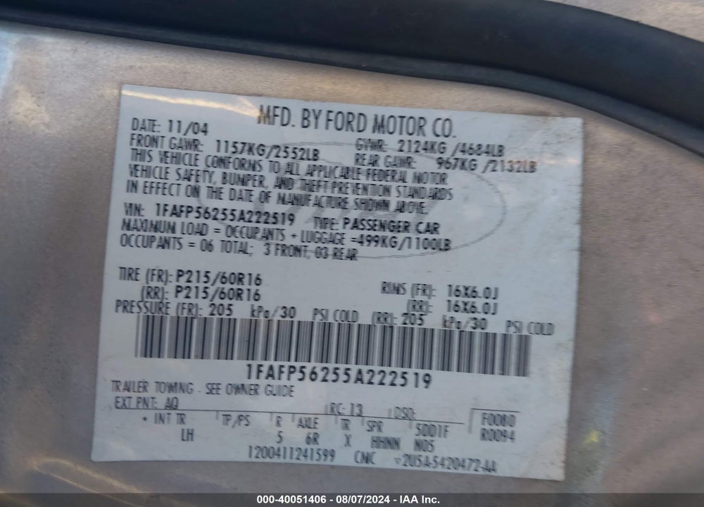 2005 FORD TAURUS SEL VIN: 1FAFP56255A222519