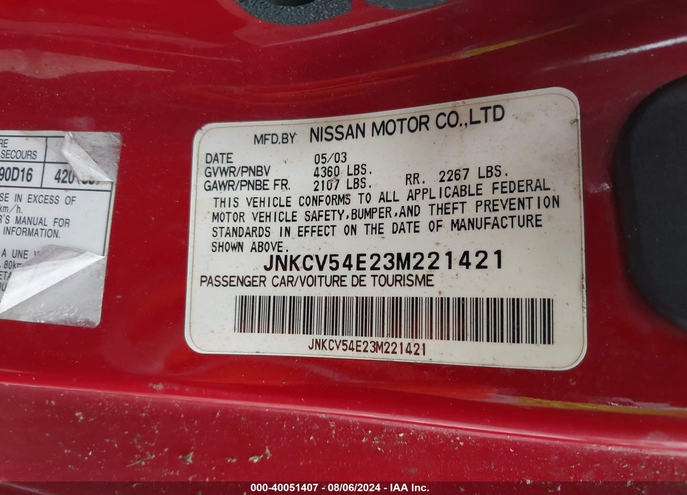 2003 INFINITI G35 BASE W/LEATHER VIN: JNKCV54E23M221421