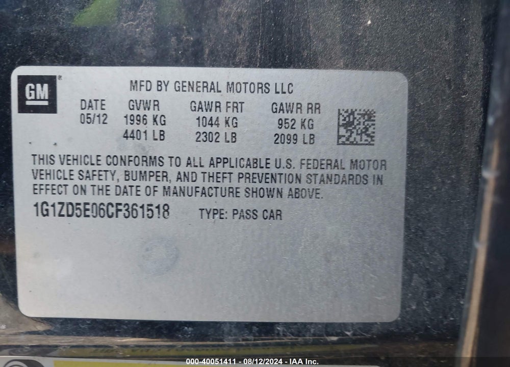 2012 CHEVROLET MALIBU 2LT VIN: 1G1ZD5E06CF361518