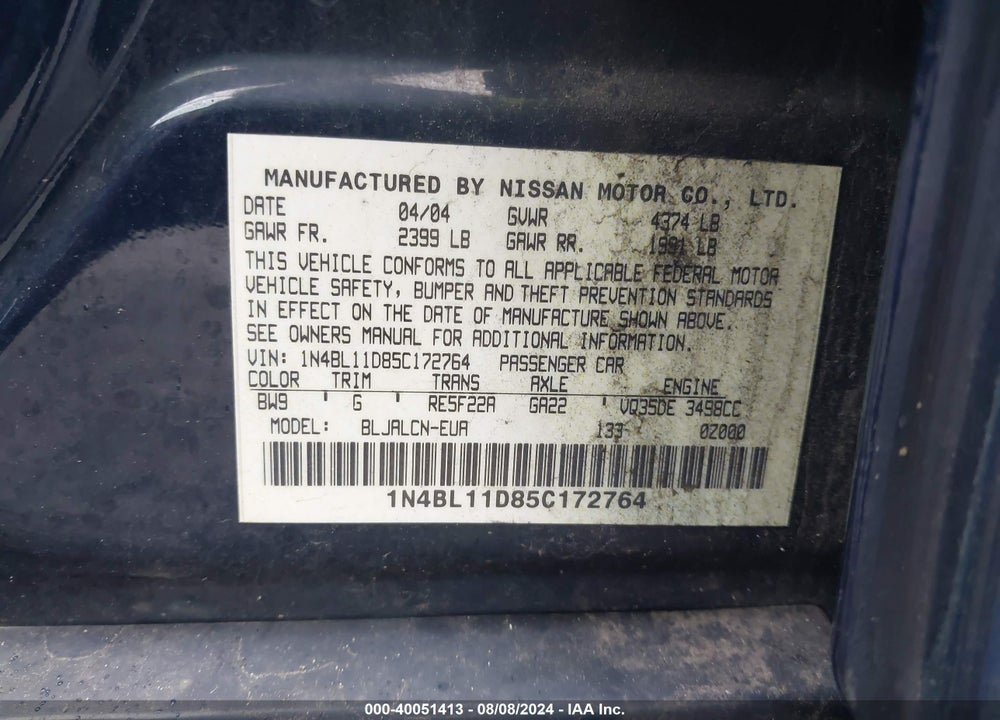 2005 NISSAN ALTIMA 3.5 SE VIN: 1N4BL11D85C172764