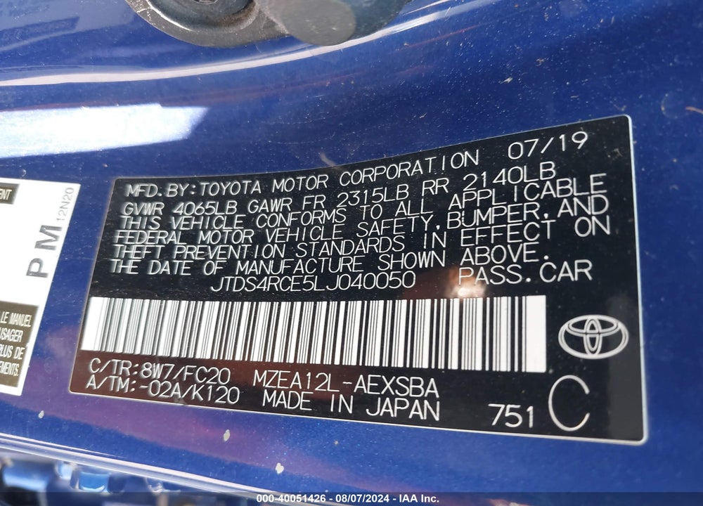 2020 TOYOTA COROLLA SE VIN: JTDS4RCE5LJ040050