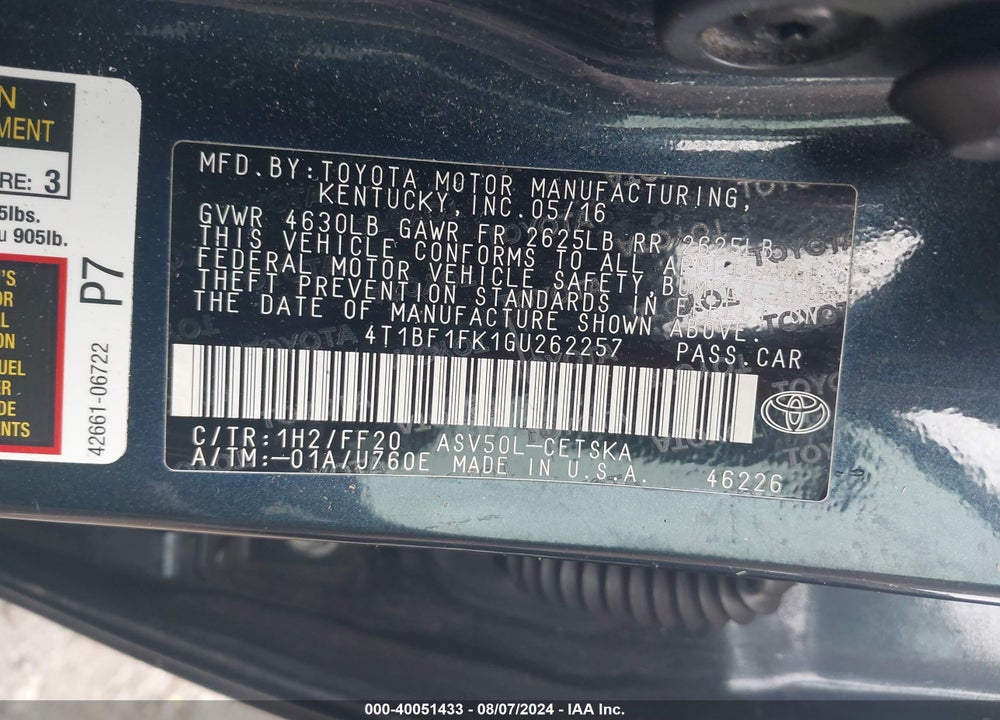 2016 TOYOTA CAMRY SE VIN: 4T1BF1FK1GU262257