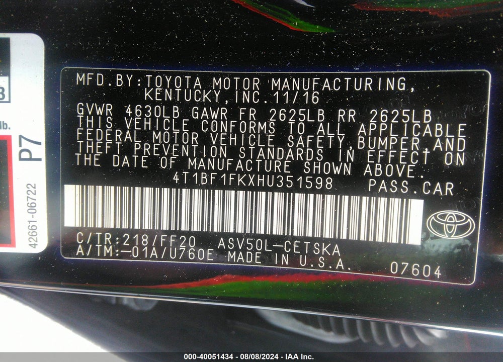2017 TOYOTA CAMRY SE VIN: 4T1BF1FKXHU351598