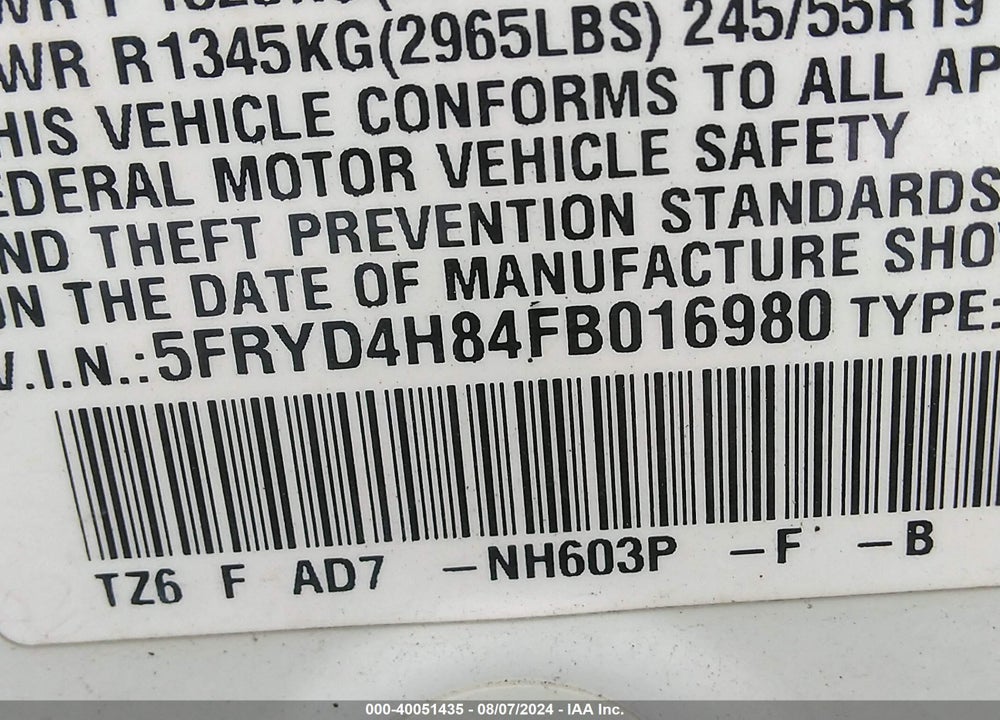 2015 ACURA MDX ADVANCE PKG W/ENTERTAINMENT PKG VIN: 5FRYD4H84FB016980