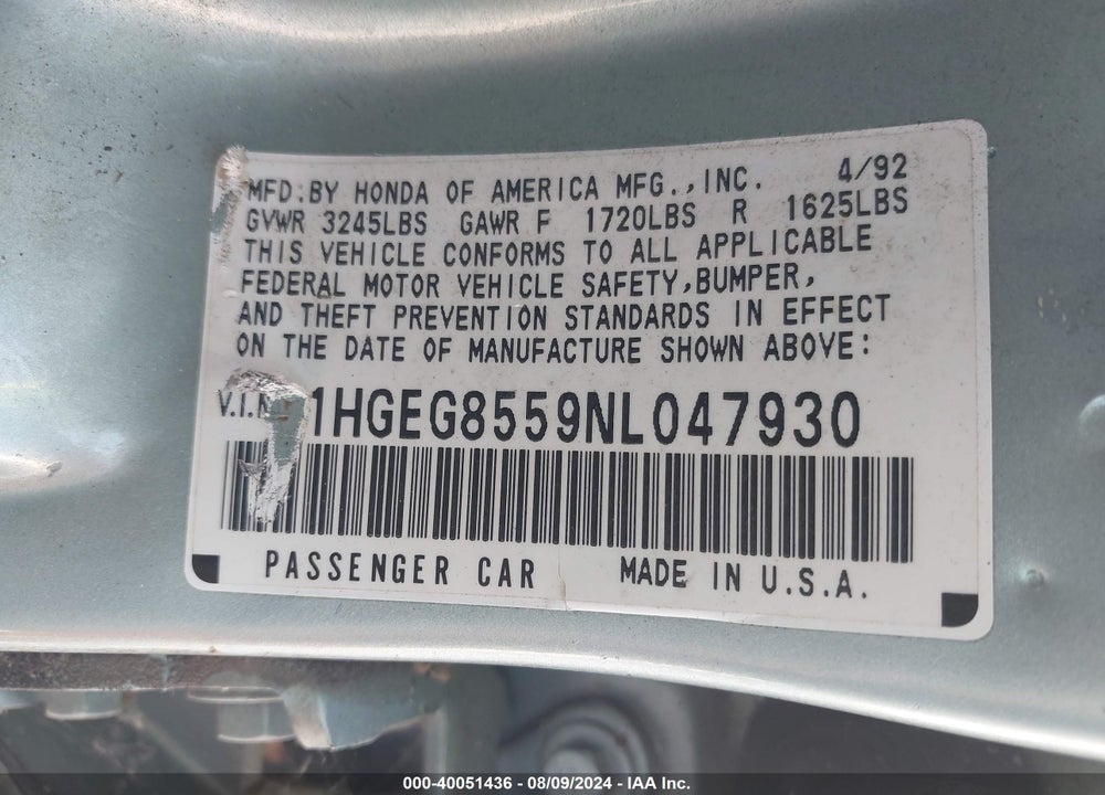 1992 HONDA CIVIC LX VIN: 1HGEG8559NL047930